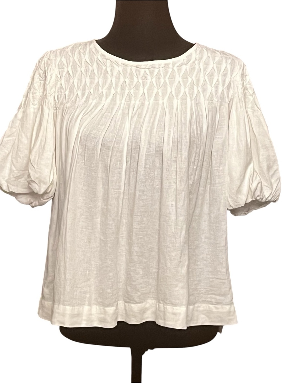 Anthropologie White Smocked Yoke Puff Sleeve Top